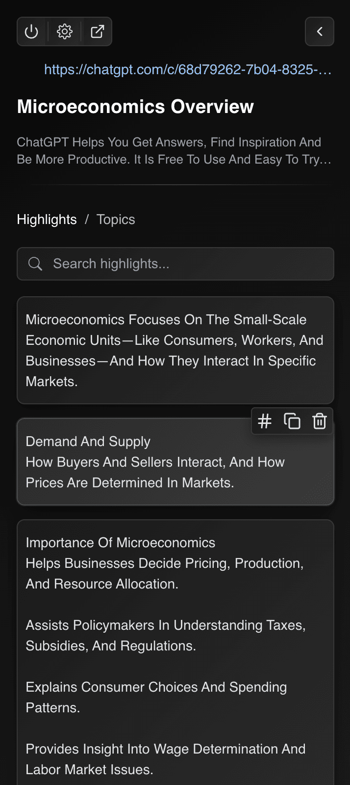 Digital note tool sidebar - View all web highlights organized by topics